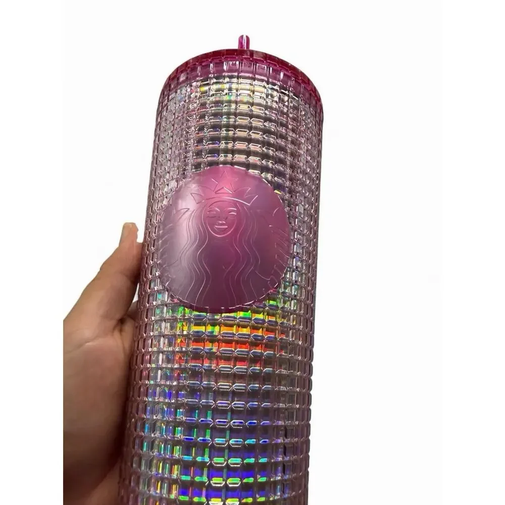Starbucks 2023 Grid Bubblegum Gradient Pink Silver Iridescent Tumbler Cup 24 oz